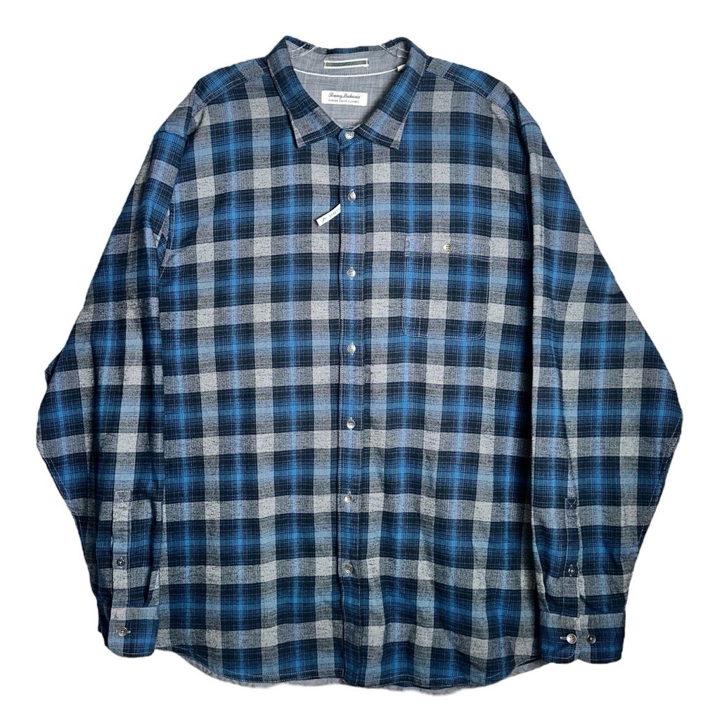 Tommy Bahama Mens XXL Flannel Shirt Teal Blue Gray Check Canyon Beach NWT